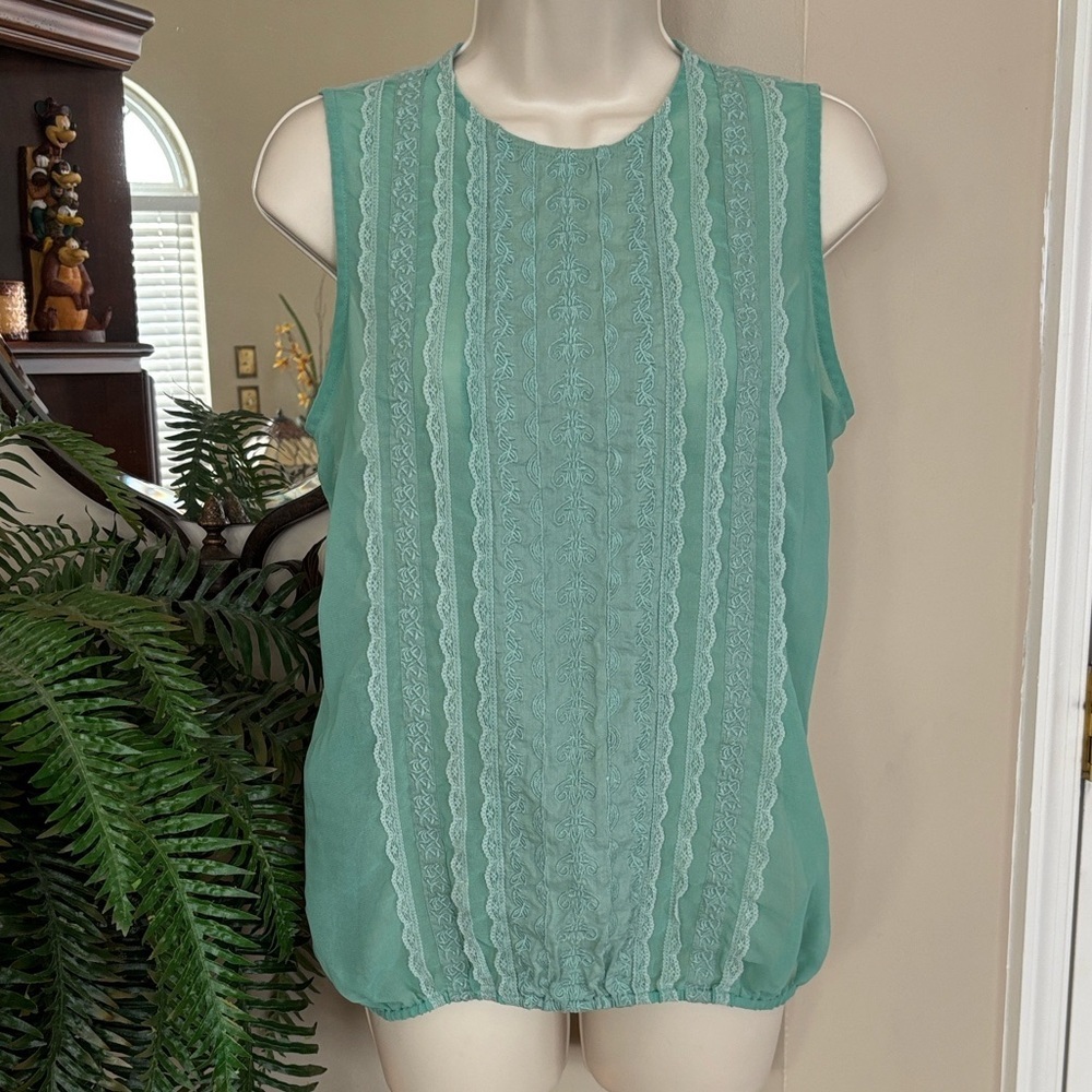 Temperance Sage Green Sleeveless Sheer Top Scalloped Lace Textured See-Thru Mesh